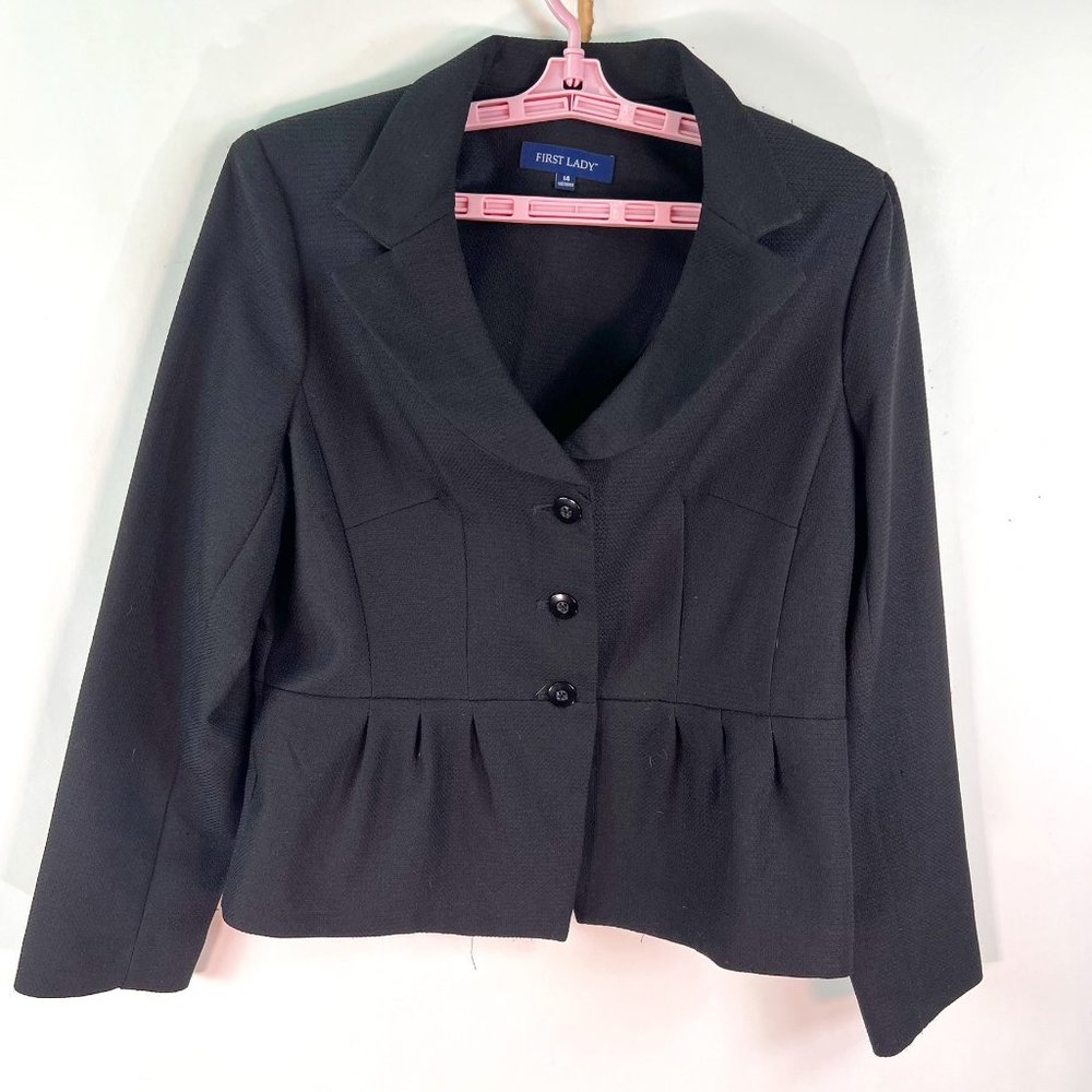 First Lady Single Breast Casual Jacket Womens Size 14 Black 3 Button Notch Lapel